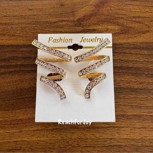 Vintage Clip On Earrings Swirls Zig Zag Ribbon Gold With Rhinestones Statement